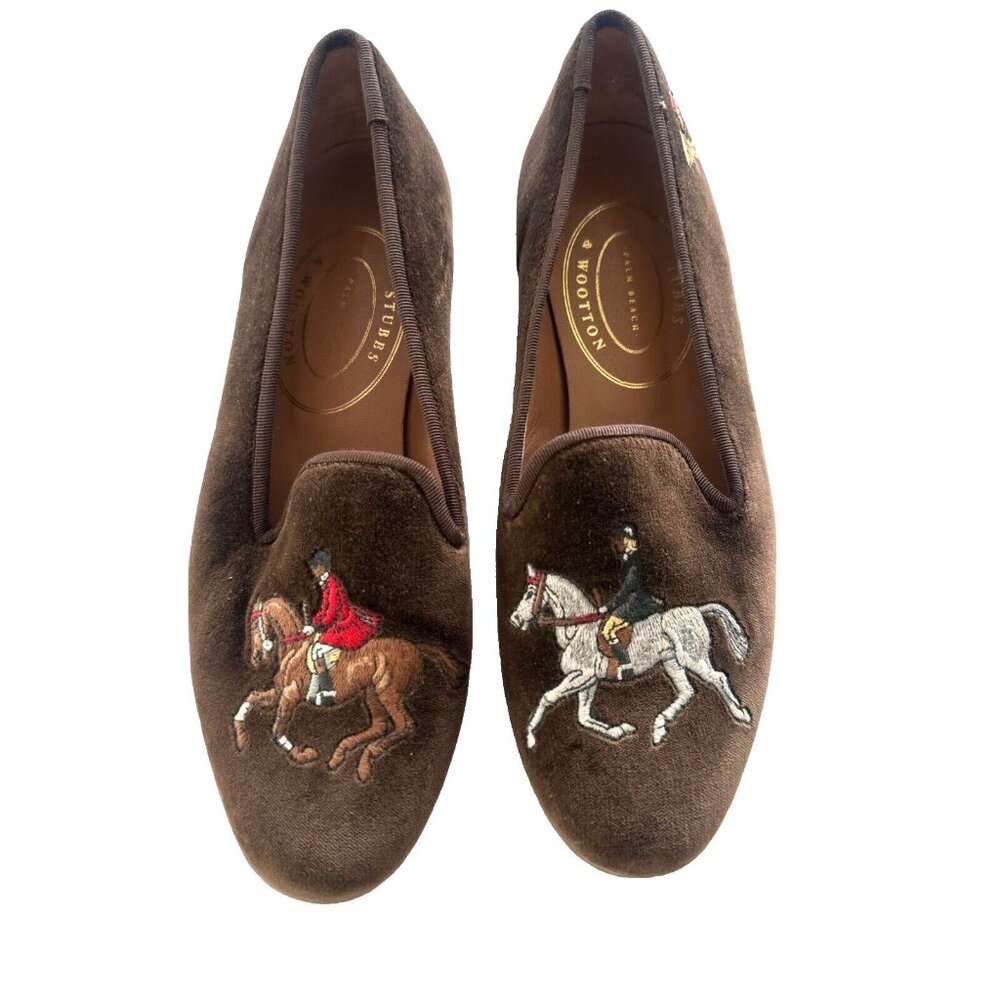 Stubbs & Wootton Brown Velvet Equestrian Horse Slippers Women's Size 8